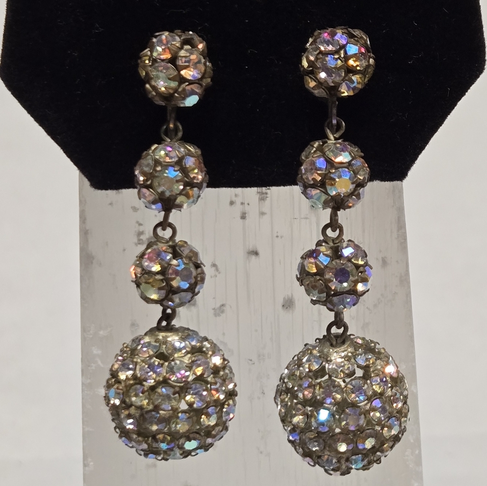 Vintage AB Crystals Ball Drop Earrings       2 1/4" X 3/4"